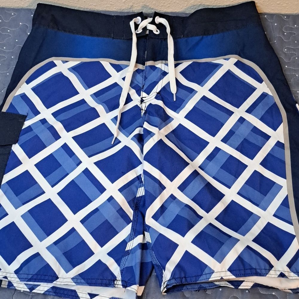 Stylish Blue Checkered Men's Swim Board Shorts